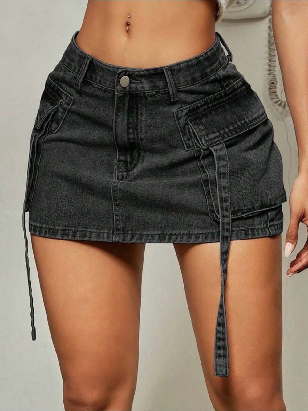 Black Denim Cargo Mini Skirt